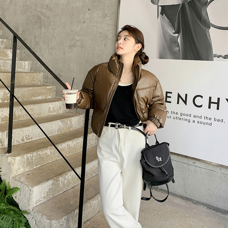 Real shot European and American retro pu leather cotton clothes women's winter new short fashion loose small bread clothes jacket