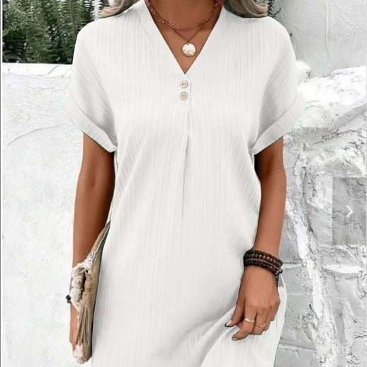 ZllKl Cross-Border European and American Women's Clothing New V-neck Solid Color Pullover Comfort and Casual Button Dress