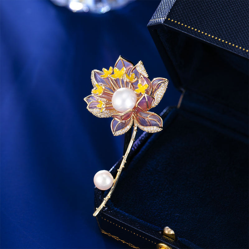 2025 New Elegant Freshwater Pearl Lotus Brooch National Style Enamel Zirconium Lotus Brooch Jacket Pin Cheongsam Accessories