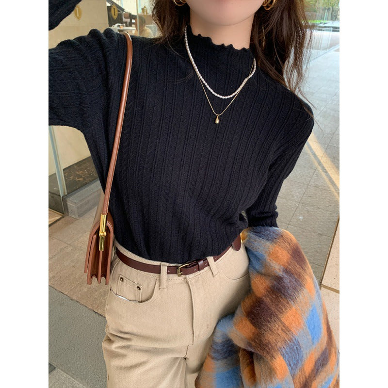 White bottoming shirt women's autumn and winter wear 2025 new semi-turtleneck fungus edge knitted sweater medium neck long-sleeved sweater