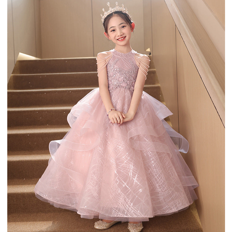 ZllKl Children's Dress Girls Birthday Princess Dress Dresses of Bride Fellow Kids Light Luxury Minority Children Host Piano Performance Pink