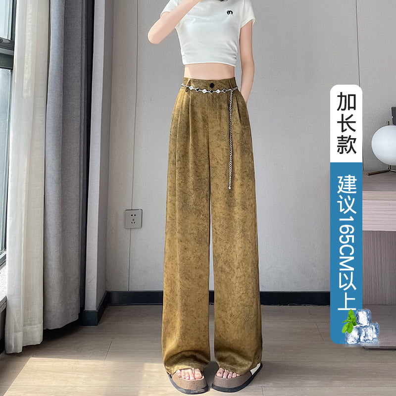 ZllKl Jacquard Satin Wide-Leg Pants Women's Summer Thin New Chinese Style National Style High Waist Drooping Ice Silk Leisure Straight Suit Pants