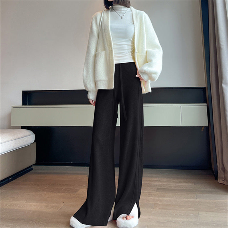 ZllKl Autumn and Winter New Knitted Wide-Leg Pants Women's High-Grade Soft Glutinous Sunken Stripe Mop Side Slit Straight Casual Pants Thick