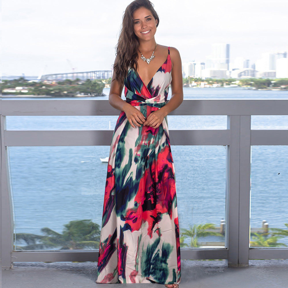 ZllKl Dress Summer New Women's Long Dress Cross Border Hot Suspender Skirt Printed Beach Long Dress