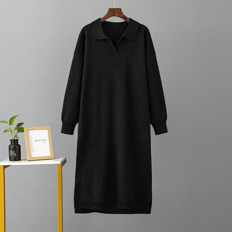 ZllKl 23 autumn and winter new 2025 Polo collar bottoming knitted long dress loose large size solid color women's dress