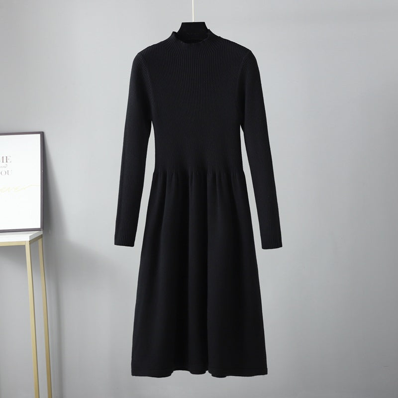 ZllKl Semi-turtleneck knitted dress New autumn and winter new long-sleeved waist bottom slim black sweater skirt women