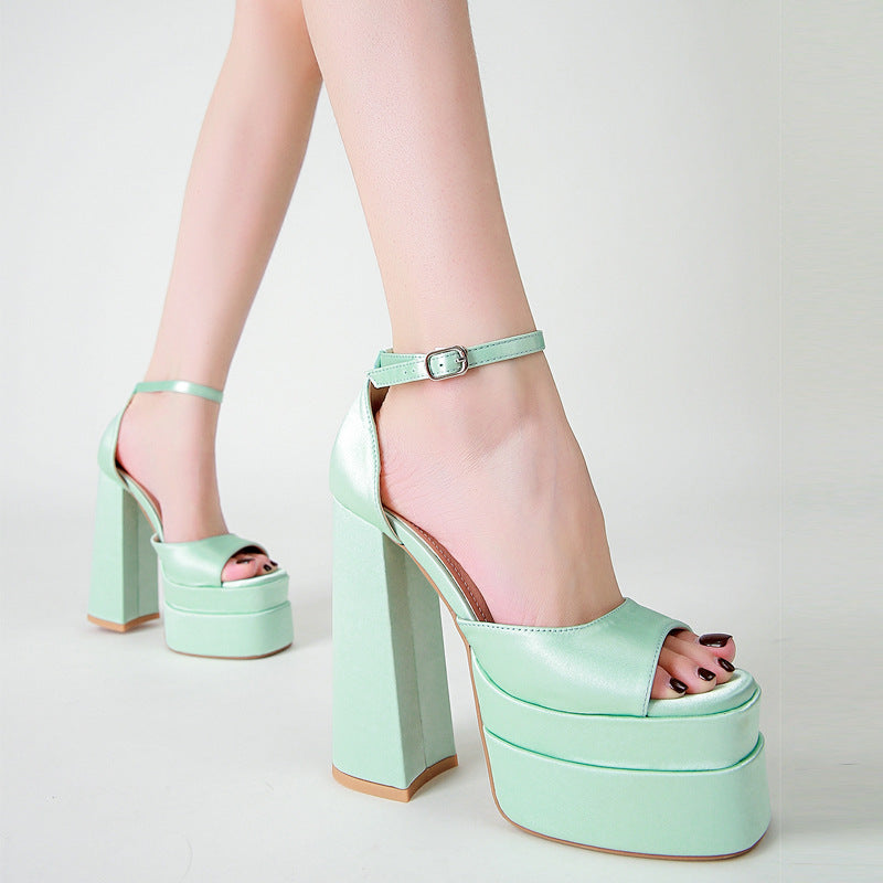 ZllKl 2022 Summer New Square Toe Hollow Chunky Heel Satin High Heel Peep Toe Women's Shoes High Heel Platform Shoes plus Size Catwalk Sandals Fashion