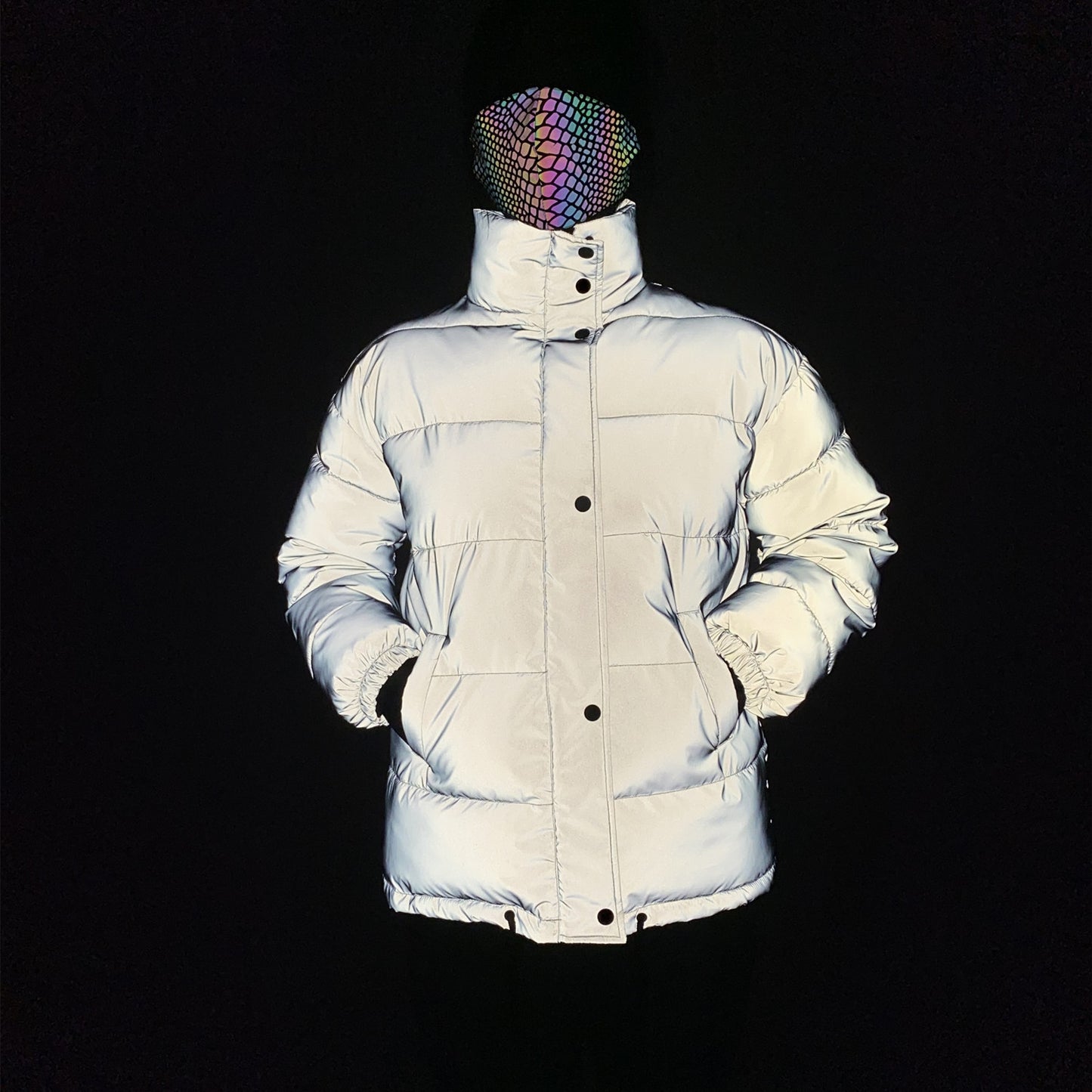 2025 winter new product short stand-up collar colorful reflective cotton-padded clothes women's European, American cross-border fashion laser cotton clothes