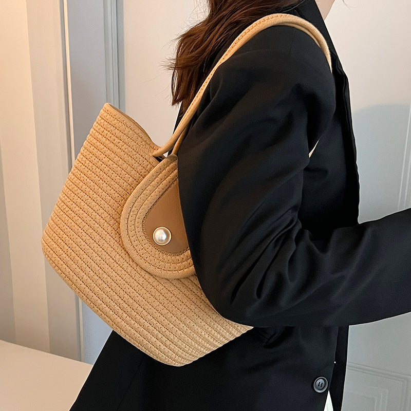 ZllKl Large Capacity Women's Shoulder Bag Crossbody Hand-Held Tote Straw Woven Woven Bag Pearl Cotton Underarm Pleated Cloud Design