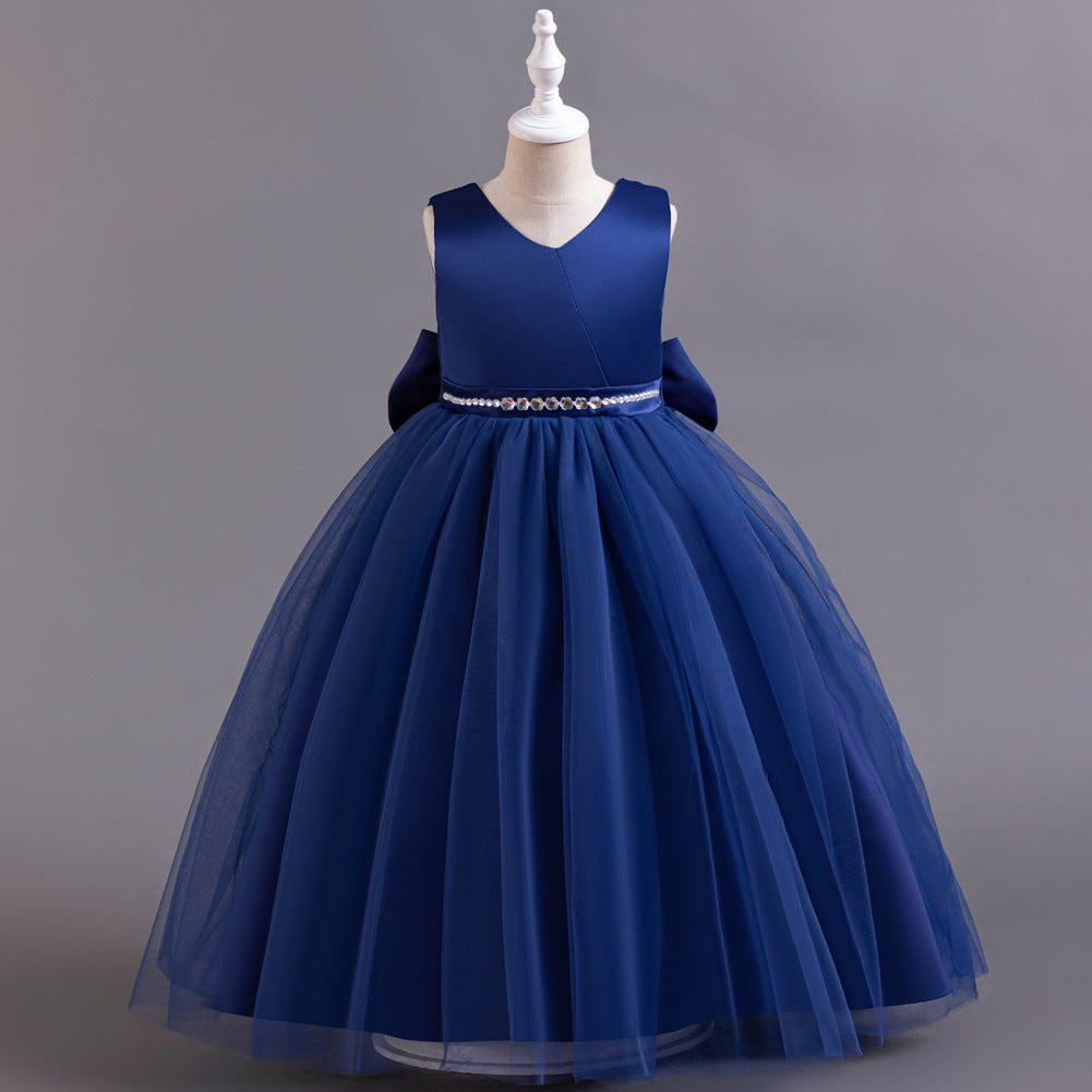 ZllKl New Cross-Border Girls' Dress Sleeveless Long Children's Princess European and American High-End Fashionable Bow Birthday Dress Long