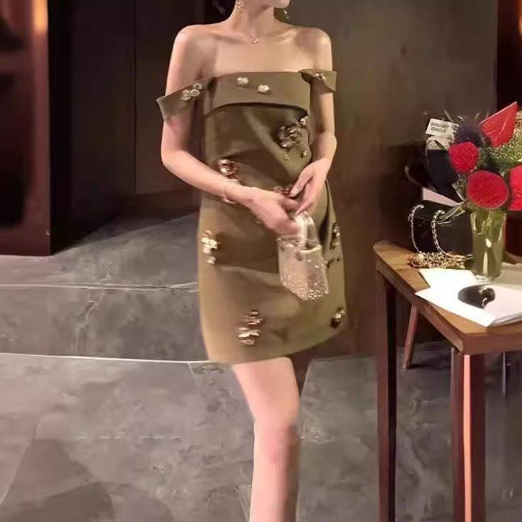 2025 Spot heavy industry celebrity bead three-dimensional flower suspender tube top skirt women's summer light luxury a-word dress
