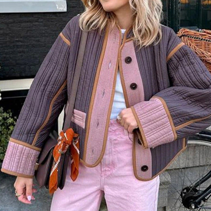 Cross-border 2023 autumn and winter retro printed cotton jacket European and American temperament commuter round neck long sleeve color matching women's cotton-padded clothes