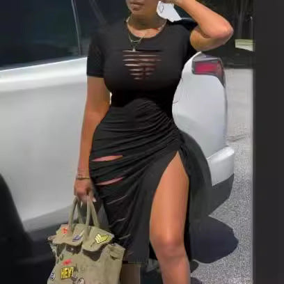 ZllKl European and American Sexy round Neck Short Sleeve Ripped Slit Pleated Dress
