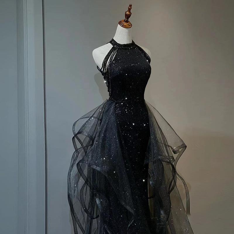 2025 Black sequined evening dress dress women 2025 new dress trailing party host adult evening dress one hair