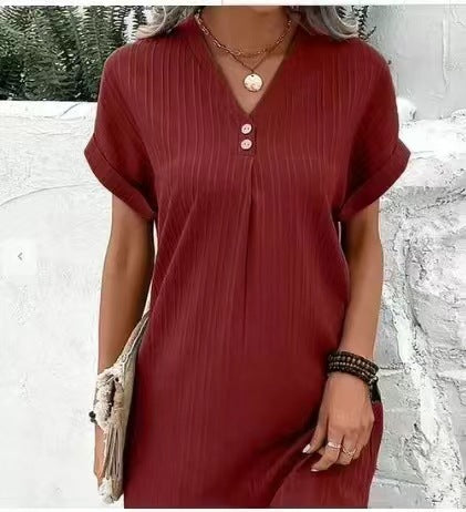 ZllKl Cross-Border European and American Women's Clothing New V-neck Solid Color Pullover Comfort and Casual Button Dress