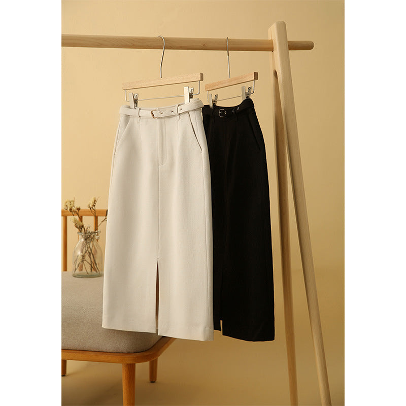 2025 Temperament lady wind~ good match, high waist split fork containing wool skirt white skirt spring and autumn women's clothing