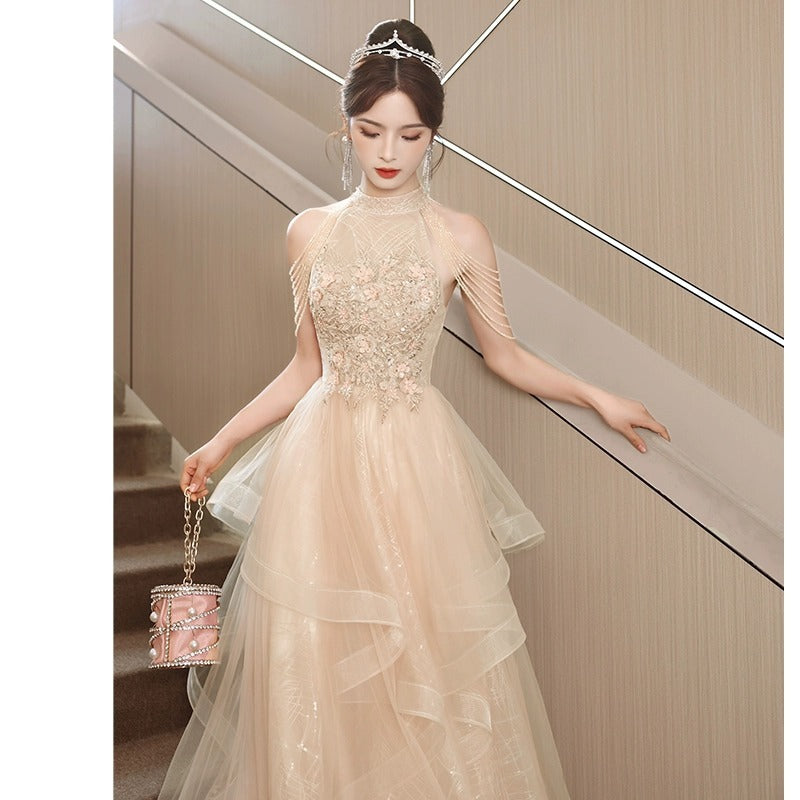 2025 Banquet evening dress dress 2025 new light luxury pink fringed high sense engagement toast dress bridal morning gown dress