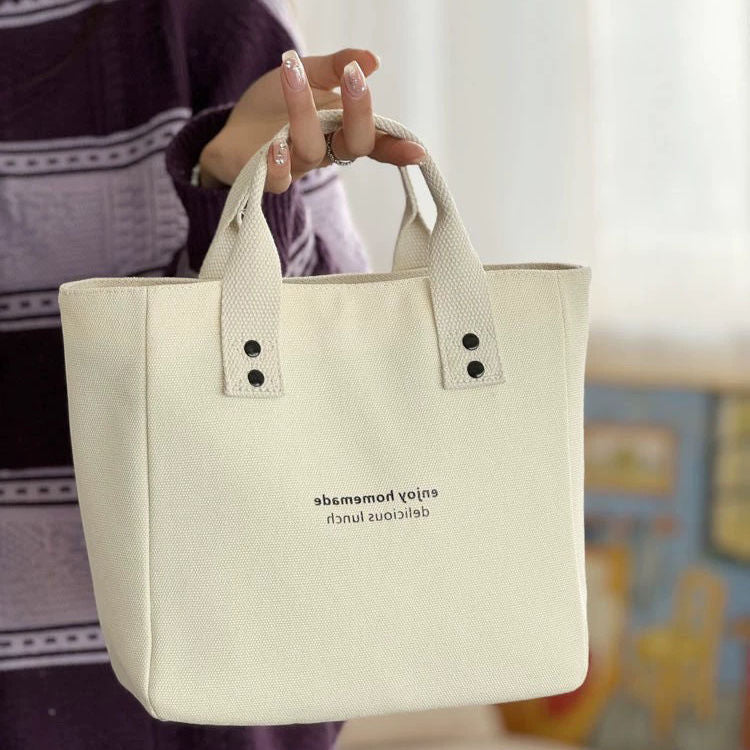 ZllKl Canvas Solid Color Handbag Japanese Bento Mummy Office Worker Simple Contrast Color Fashion Carrying Bag Lunch Box