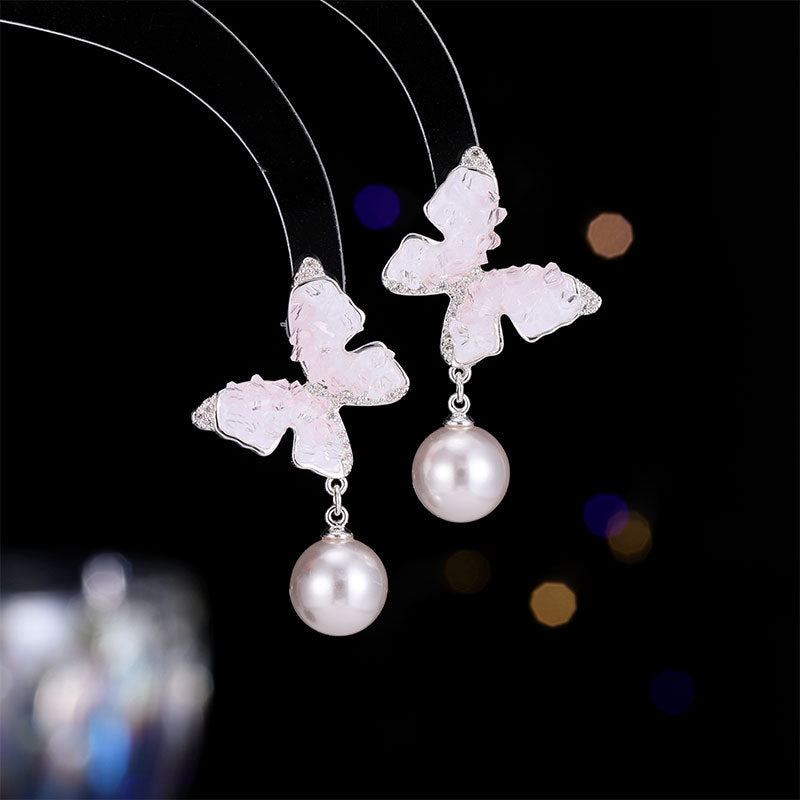 2025 Niche design advanced light luxury exquisite versatile earrings fresh and sweet super fairy gradual change crystal pearl butterfly earrings