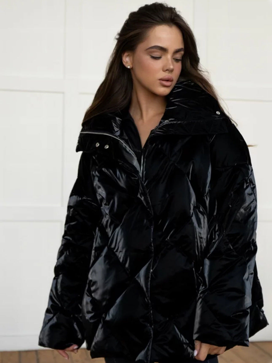 Cross-border rhombus cotton clothes European and American women's clothing autumn and winter new loose coat matte glossy lapel cotton-padded casual jacket