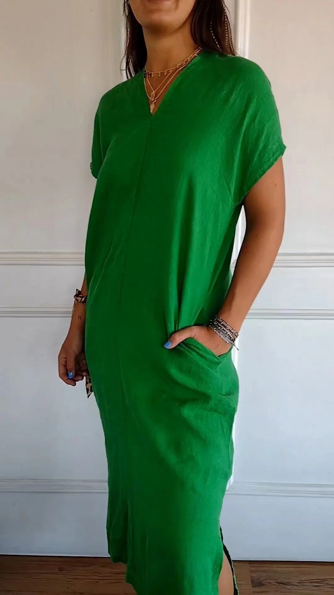 ZllKl Spring and Summer Cross-Border Independent Station New Cotton and Linen V-neck Short Sleeve Slit Loose Dress Women's Clothing