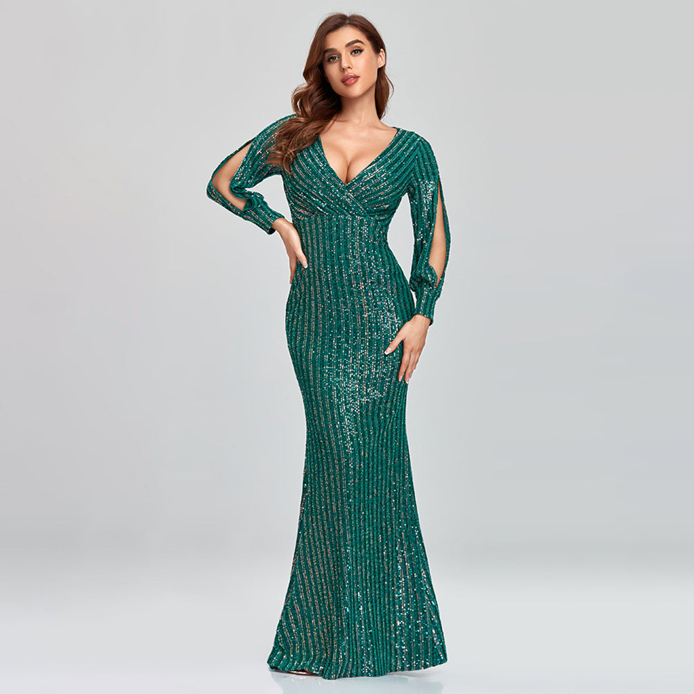 2025 24 New Popular trade dress multi-color large-size long-sleeved V-neck slim-fitting sequined fishtail evening dress women's ball party