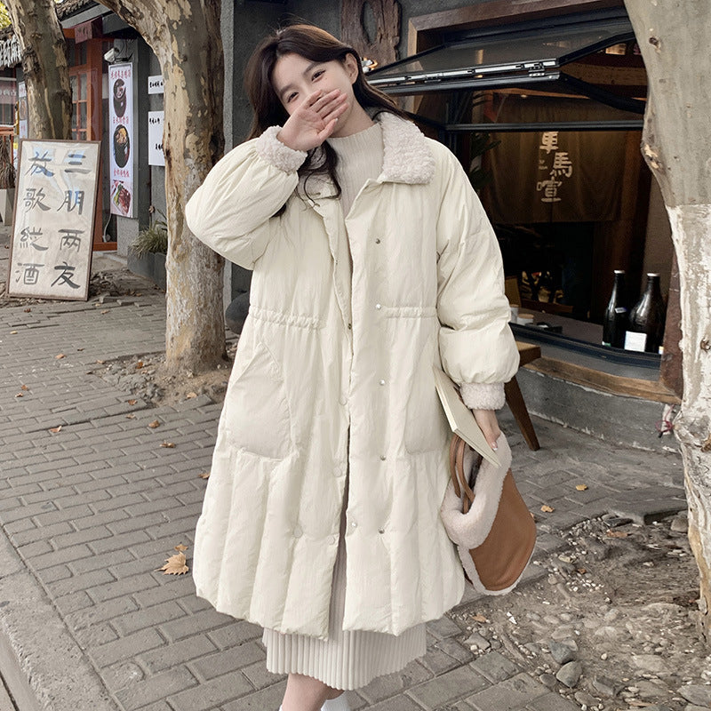 2023 winter new medium and long single-breasted waist lamb wool down jacket, solid color down jacket for women