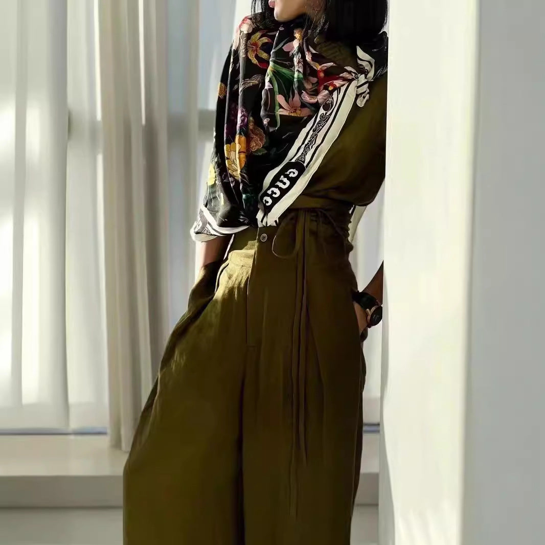 2025 New Chinese style national style buckle army green imitation linen vest wide-leg pants two-piece set design sense fashion set