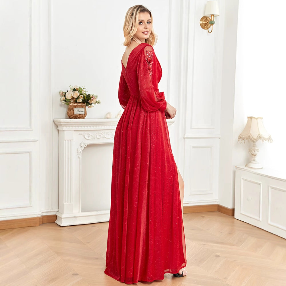 2025 new long-sleeved evening dress women's banquet sexy temperament slit V-neck banquet dress Popularan warehouse supply