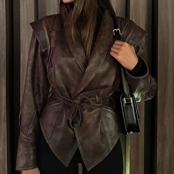 European and American cross-border 2025 winter retro lace-up faux leather jacket women's casual fashion lapel shawl Pu coat