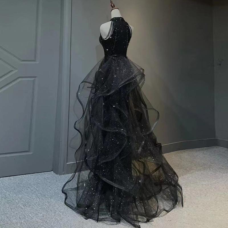 2025 Black sequined evening dress dress women 2025 new dress trailing party host adult evening dress one hair