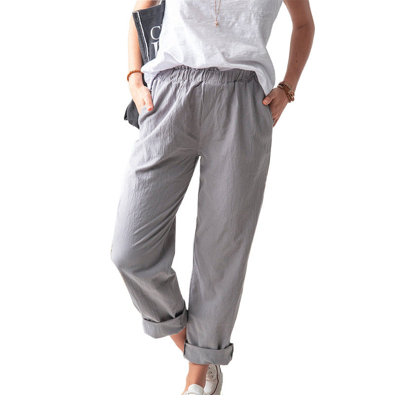 ZllKl New European and American Women's Clothing Cotton and Linen Trousers Wish Solid Color Casual Elastic High Waist Straight-Leg Pants Women