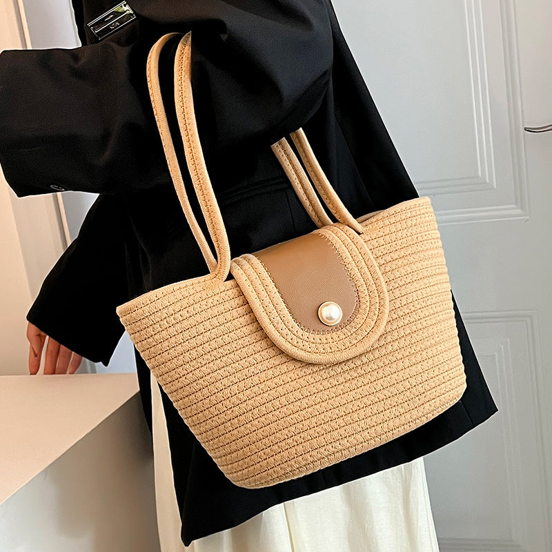 ZllKl Large Capacity Women's Shoulder Bag Crossbody Hand-Held Tote Straw Woven Woven Bag Pearl Cotton Underarm Pleated Cloud Design