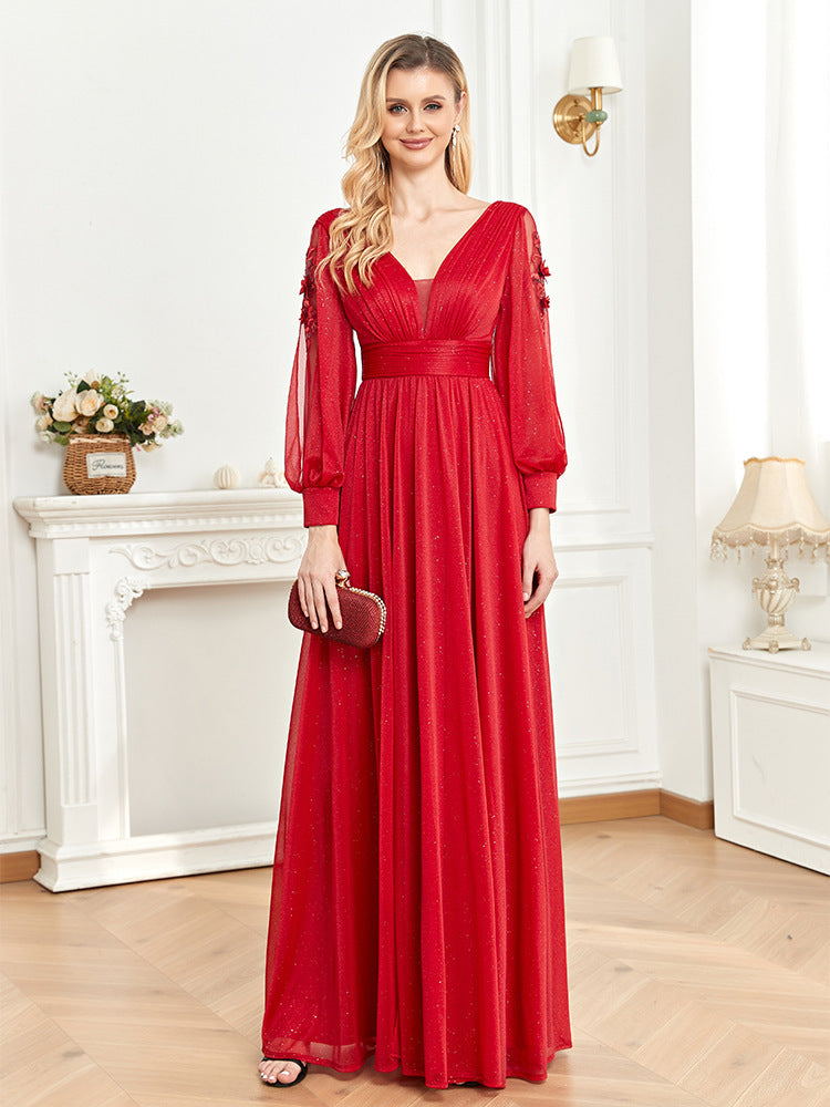 2025 new long-sleeved evening dress women's banquet sexy temperament slit V-neck banquet dress Popularan warehouse supply