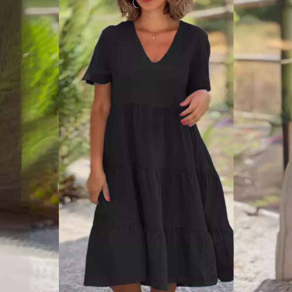 ZllKl European American Summer New Women's Clothing Fresh Sweet V-neck Solid Color Wide Hem Casual Skirt Dress
