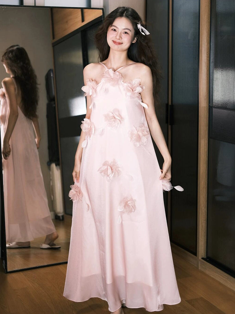 Pink morning gown femininity super fairy suspender bride return engagement dress banquet welcome three-dimensional flower dress