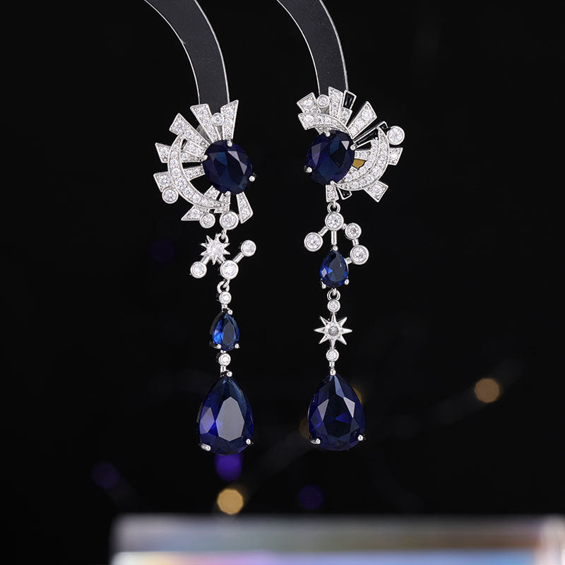 2025 Cross-border luxury zircon earrings, moon octagram water droplets asymmetrical long bridal dress dinner earrings