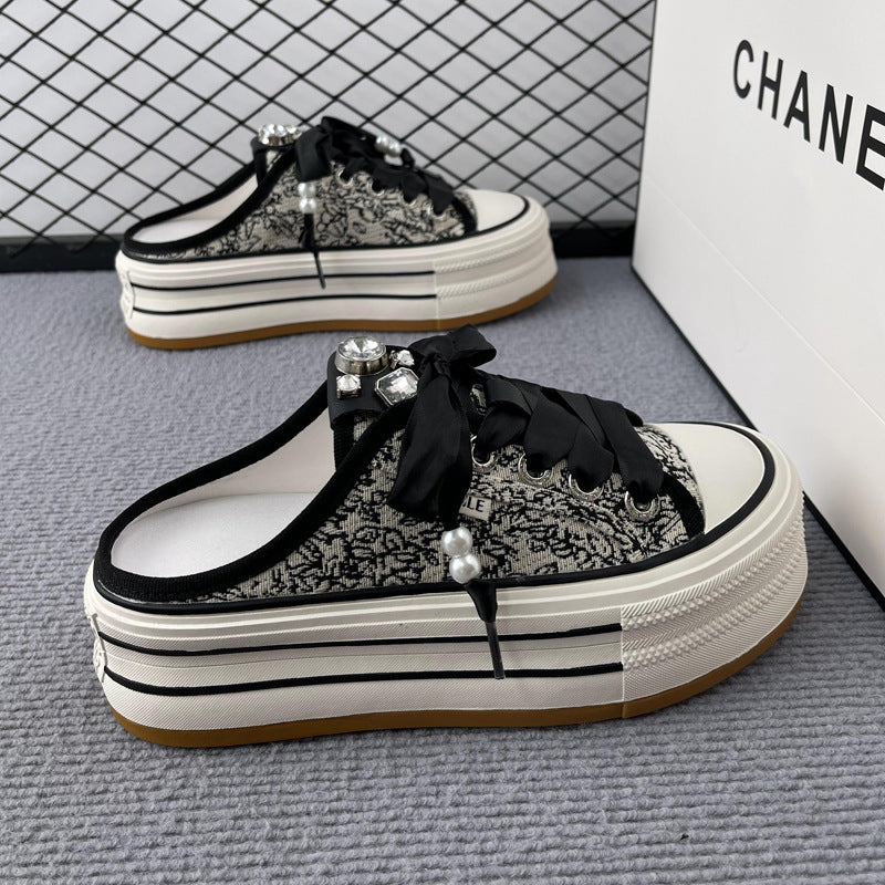 ZllKl Authentic Leather Rhinestones Low-Top Platform Canvas Shoes for Women New Spring 6cm Height Increasing Skinny Lace-up Casual Board Shoes