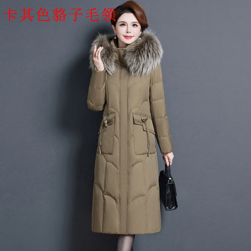 2023 new fashionable and foreign medium and long mother thickened winter knee jacket middle-aged white duck down jacket women