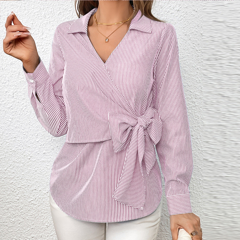 zllkl Cross-Border European and American Women's Clothing Vertical Stripes Slimming Bundle Long-Sleeved Women's Shirt Shirt Top Women's