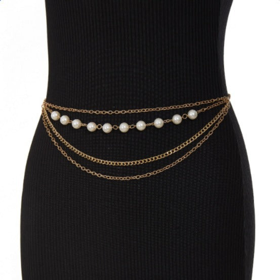 FB3337 2025 waist chain pearl chain metal chain combination multi-layer wave fringed waist chain body chain