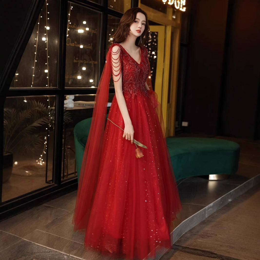 2025 Red toasts 2025 spring new bridal evening dress engagement socialite light luxury niche temperament dress