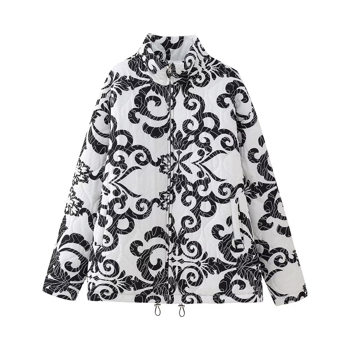 Cross-border women's clothing 2023 autumn and winter printed cotton-padded jacket color matching advanced sense of European and American style niche stand-up collar cotton clothing women