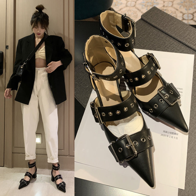 2025 Internet celebrity thick heel bag head sandals women's Roman straps shoes middle heel one word with rivets pointed shoes hollow single shoes