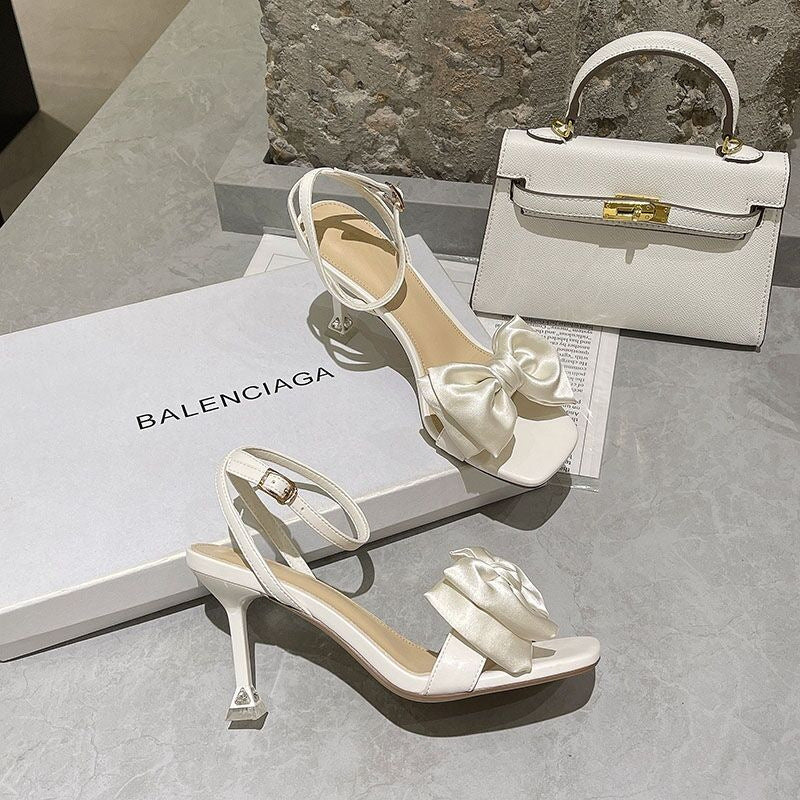 ZllKl Women's High Heel Sandals for Outer Wear New Korean Style Fairy Style Buckle Bow Women's Stiletto Heel Sandals Generation Hair