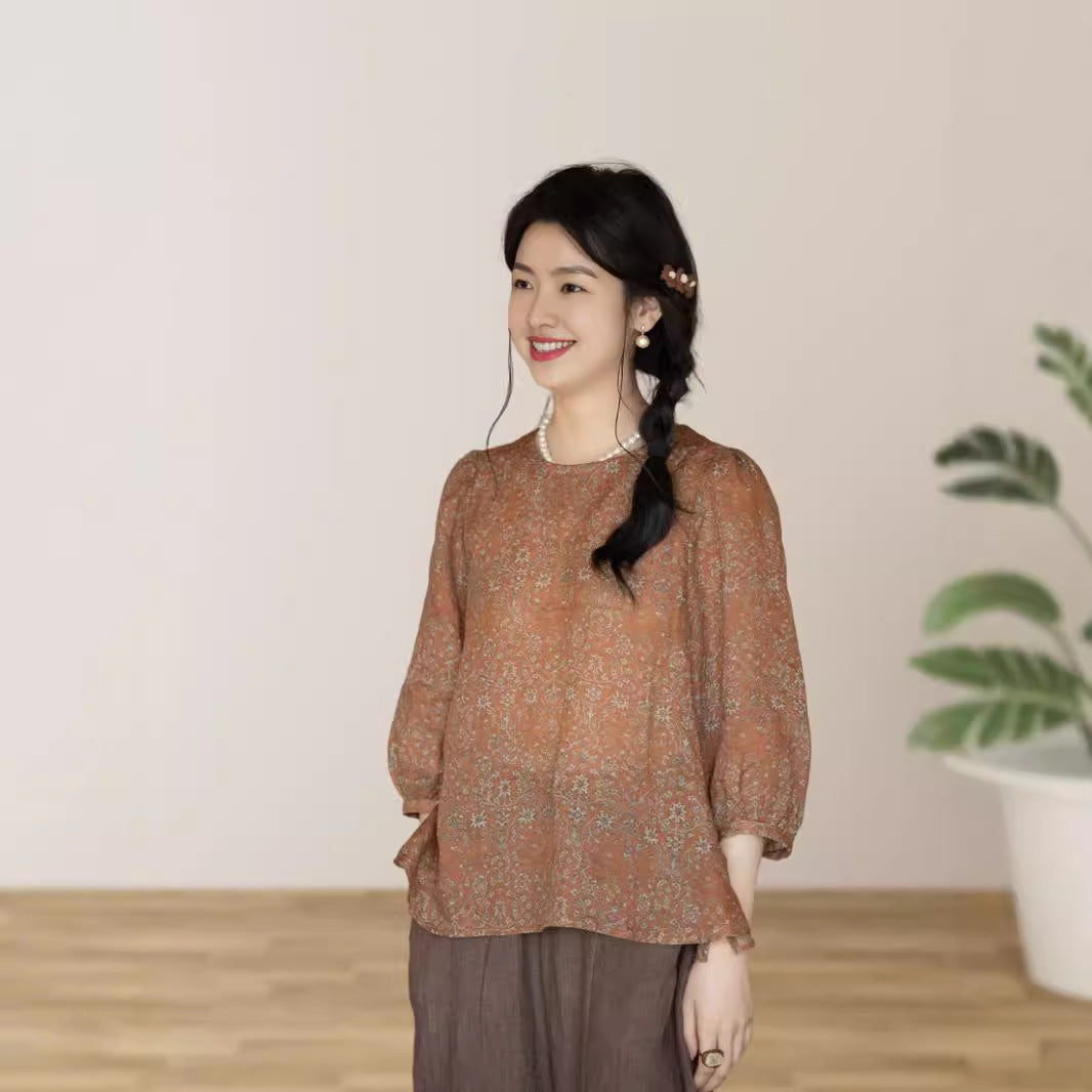 New Chinese Zen suit, bubble sleeve ramie t-shirt A0648 Chinese loose print shirt A0647
