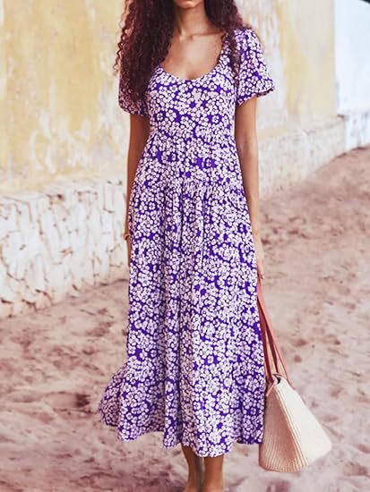 ZllKl European and American Foreign Trade Cross-Border Women's Clothing Bubble Sleeve Pleated Backless Print Layered Short Sleeve Dress