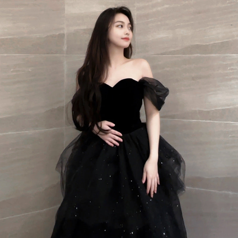 2025 Black evening dress skirt light luxury niche tutu skirt host female autumn art examination graduation adult ceremony New feeling