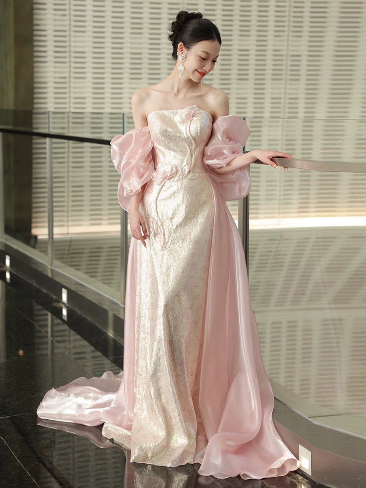 Morning robe female bride tube top high-end pink super fairy thousand gold style dress skirt engagement and coming-of-age ceremony toasting clothes