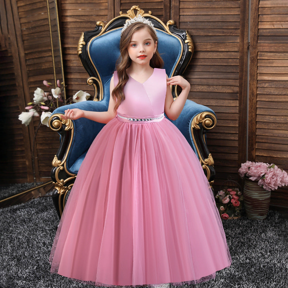 ZllKl New Cross-Border Girls' Dress Sleeveless Long Children's Princess European and American High-End Fashionable Bow Birthday Dress Long